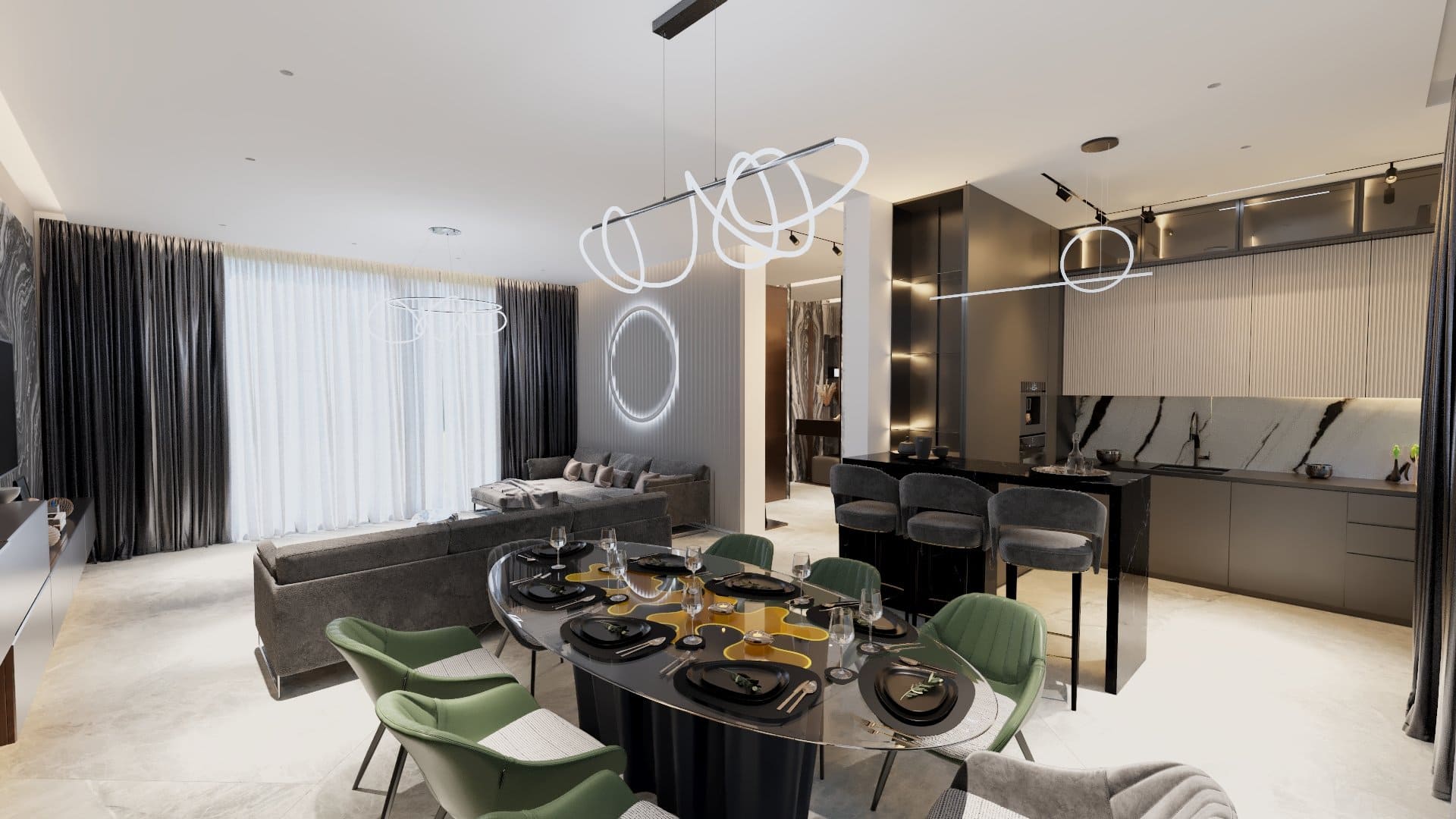 Masa dining, Masa living, Bucatarie pe colt, Scaune bar, Corpuri de iluminat cu led, Canapea gri..jpg