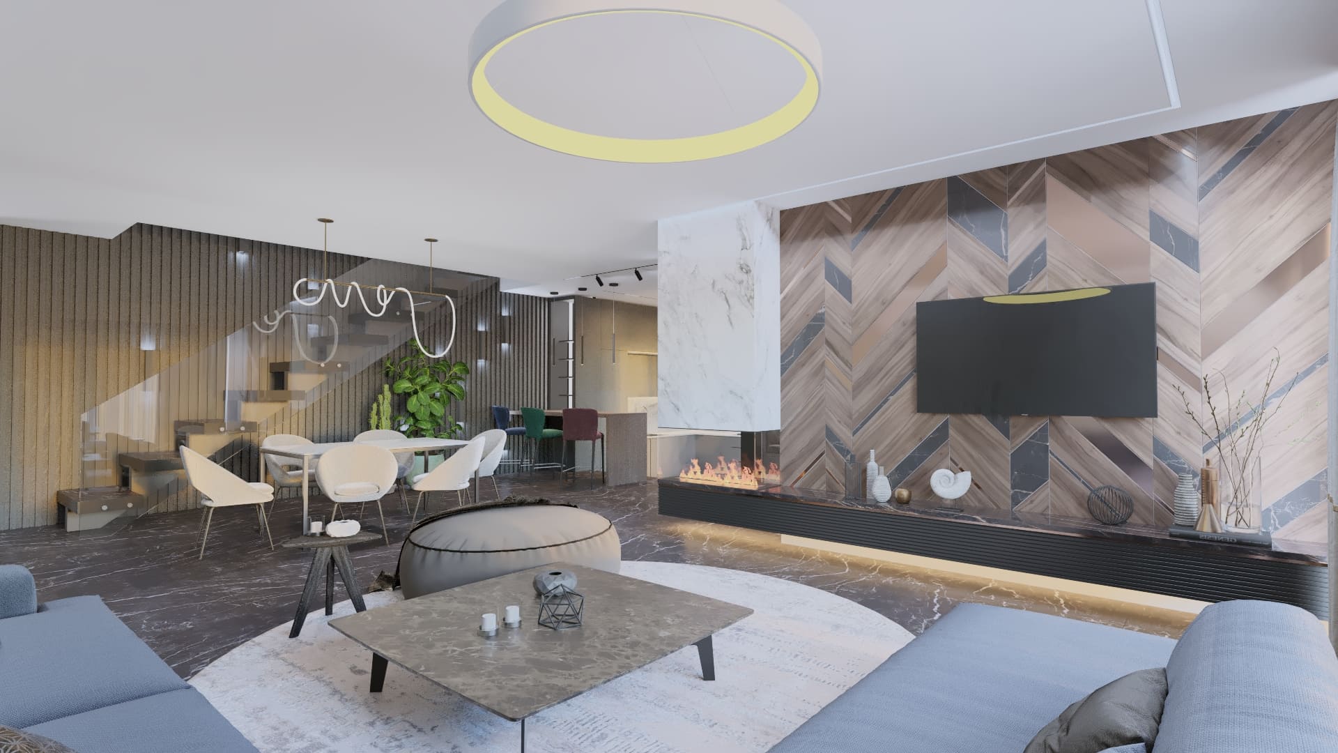 Coltar tapitat bleu deschis, Masuta de cafea din ceramica, Pardoseala placata cu ceramica, Perete TV placat cu ceramica si lemn, Taburet textil, Masa dining alba cu 6 locuri, Scaune bar tapitate, scaune dining tapitate, corpuri de iluminat decorative cu led, semineu decorativ din sticla, scara interioara placata cu ceramica, balustrada din sticla securizata