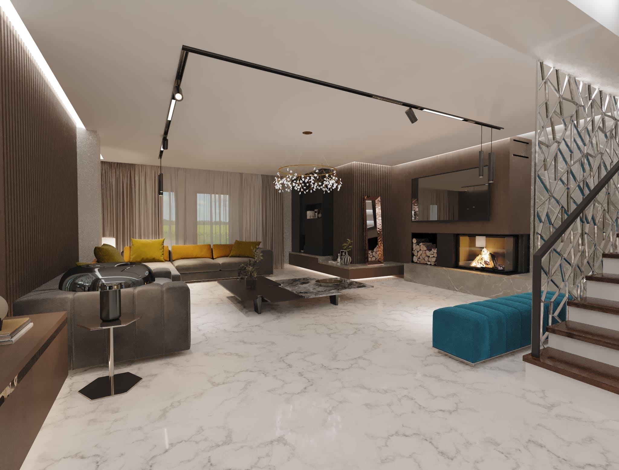 Pardoseala placata cu ceramica, Riflaje, Masuta de cafea din lemn, canapea gri din material textil cu doua locuri, Coltar gri din material textil, Candelabru cu iluminare led, banda de iluminare cu led, Oglinzi decorative, Taburet pantofar tapitat, Semineu placat cu ceramica, Perete TV placat cu ceramica