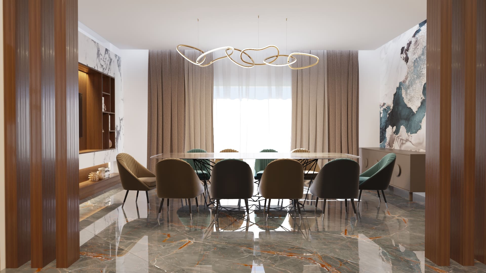 Masa dining de 10 locuri, Riflaje, Scaune dining tapitate, Mobilier vesela, Perdea in doua nuante, Mobilier TV placat cu ceramica, tapet decorativ,   Candelabru living led