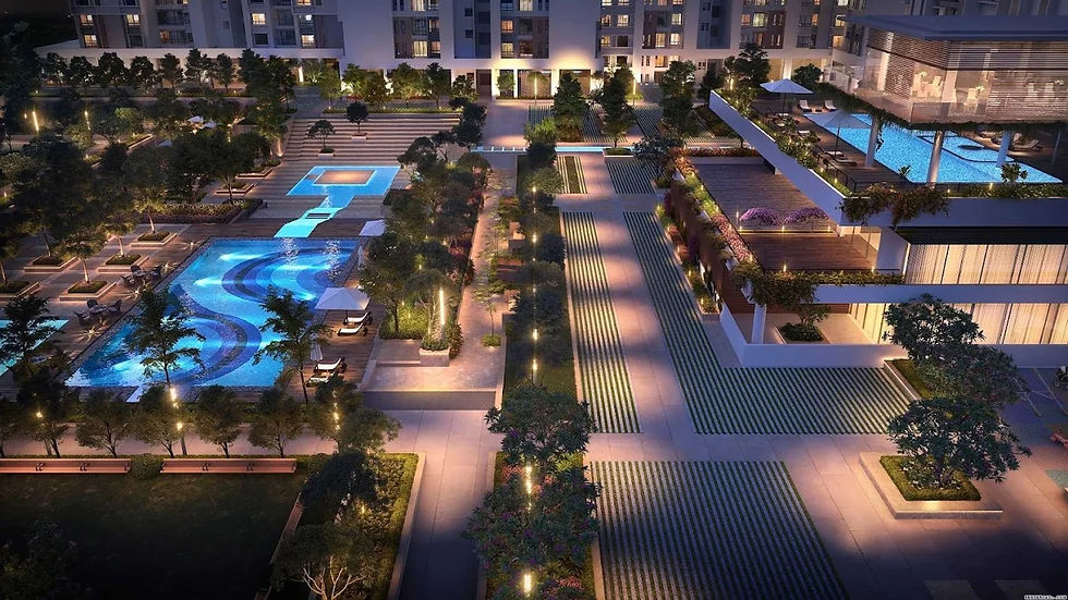 Illuminated modern apartment courtyard with pools, loungers, trees, and landscaped walkways at dusk. lanscape lighting chennai. landscape lighting design