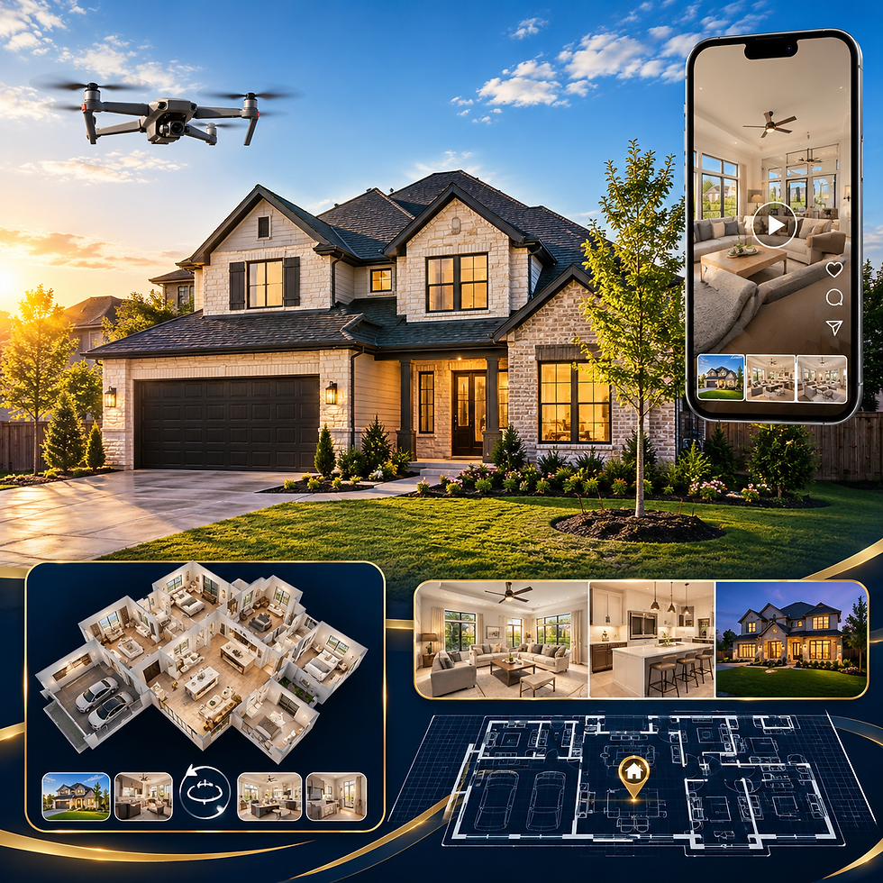 a picture of a modern house, a phone showing social media, a floor maps, a 3d map and inte