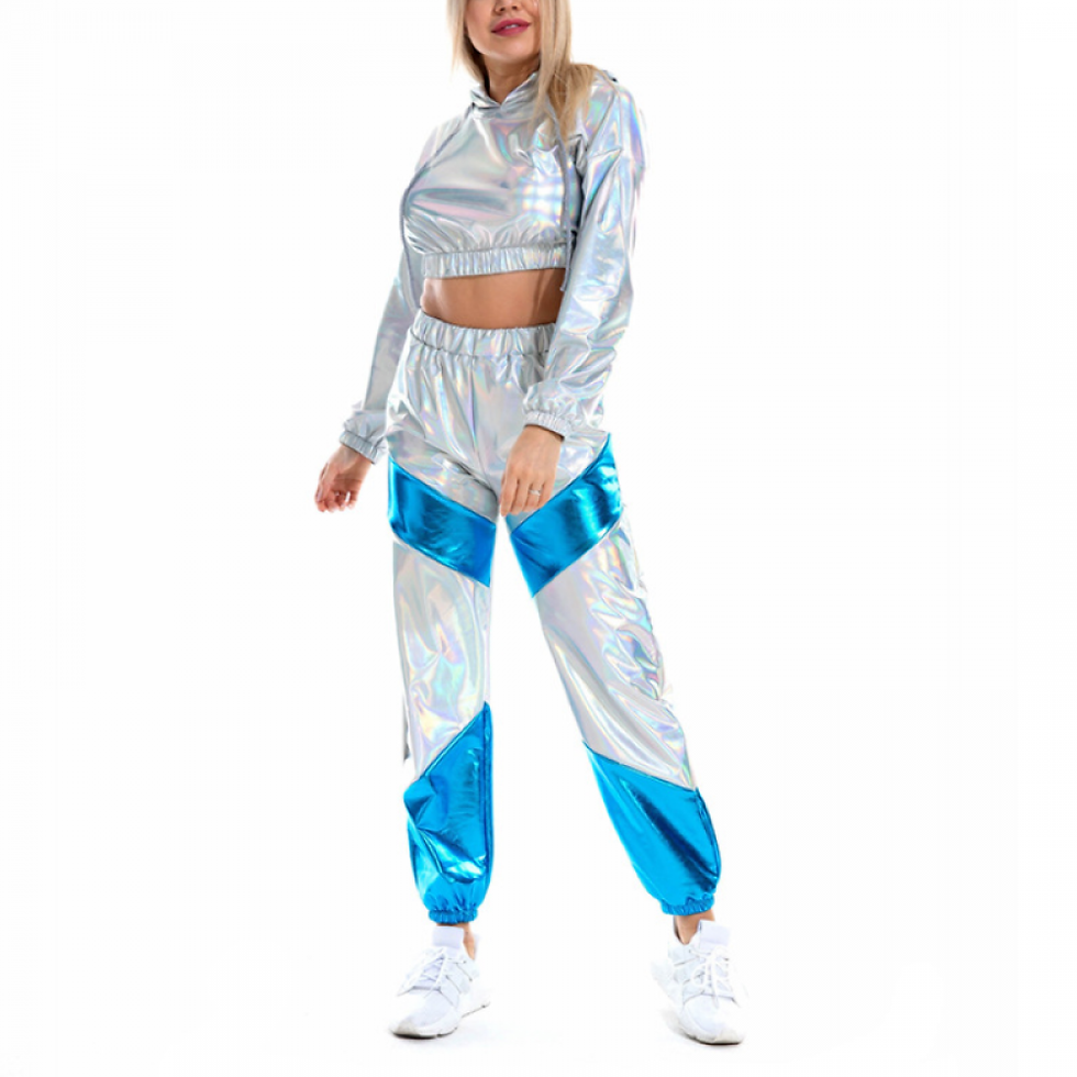 Ensemble pour Soirée disco Femme – Crop Top à Capuche Métallisé et Pantalo