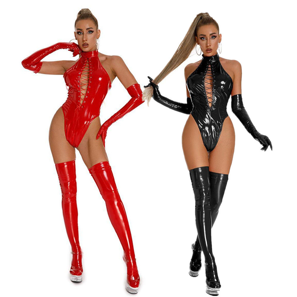 Combinaison Bodycon Lingerie en Similicuir Brillant