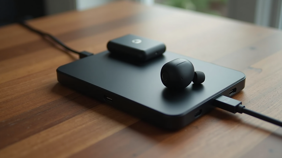 High angle view of a wireless charger, earbuds, and USB-C hub displayed on a wooden table