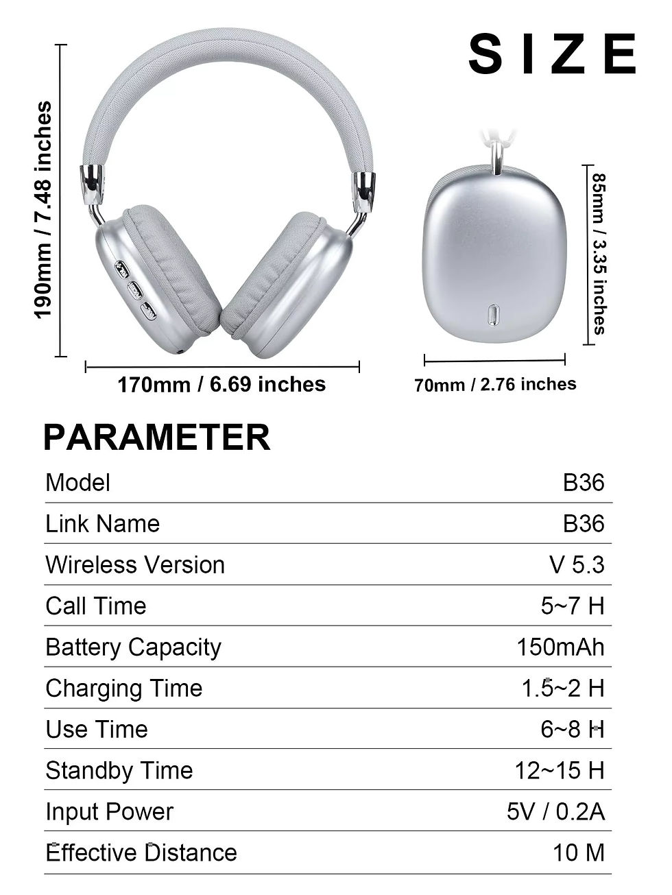 Thumbnail: B36 Wireless Bluetooth 5.3 Over-Ear Headphones with ANC Noise Cancelling 8H Play
