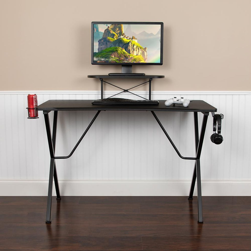 Thumbnail: Black Gaming Desk with Cup Holder, Headphone Hook, and Monitor/Smartphone Stand