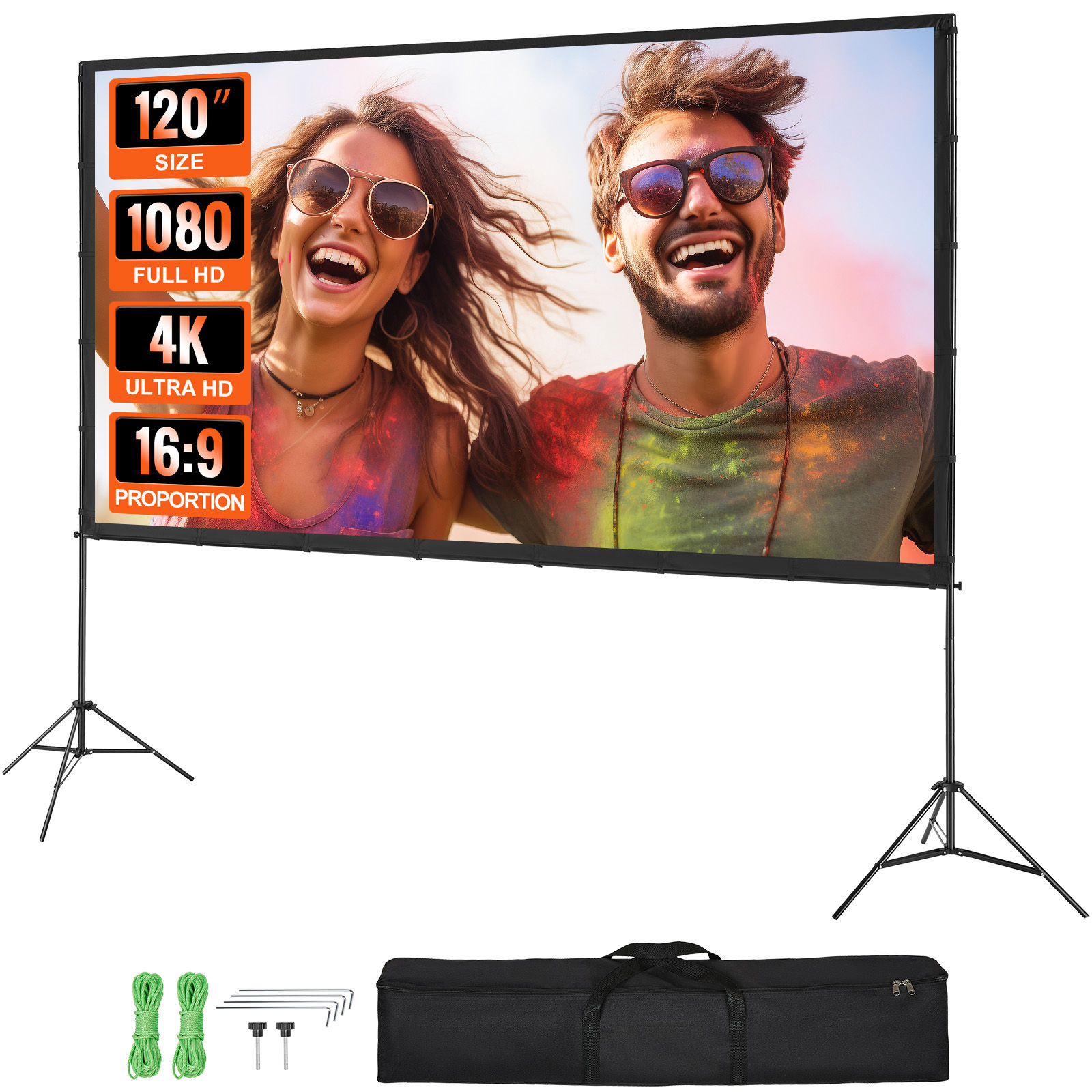 SucceBuy Projector Screen with Stand 100 120 150 inch 16:9 4K 1080 HD Portable P