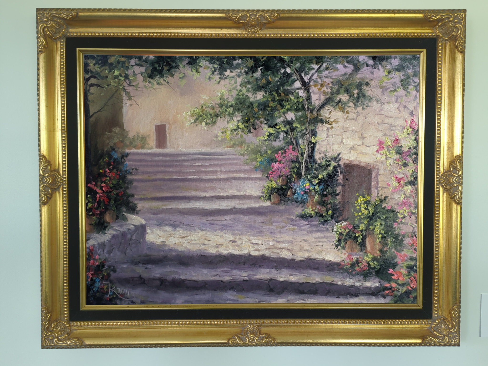 Italian landscape oil painting with colorful flowers and cobblestone stairs | paintwithkevin.com