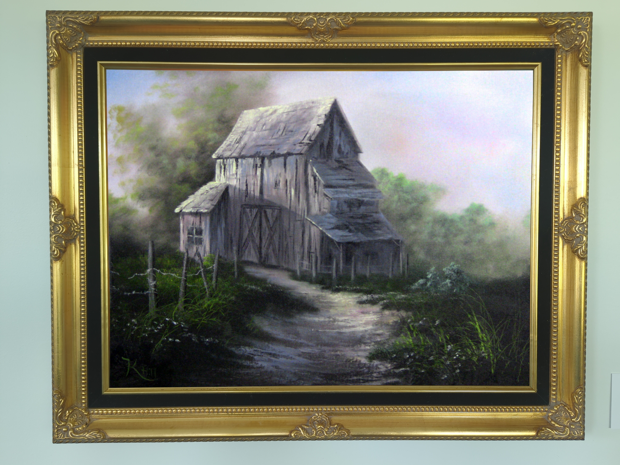 barn landscape oil painting with foreground fence | paintwithkevin.com