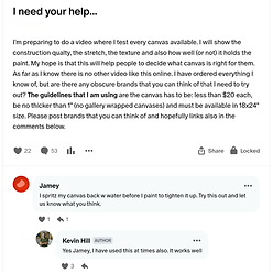 Text explaining a question on Patreon asking for help with canvas brands for a new video, which will compare a lot of canvas brands to see which one is the best. Also includes a reply from a Patreon Member with a response from Kevin Hill.
