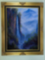 Waterfall Landscape Painting with Large Misty Mountain | paintwithkevin.com
