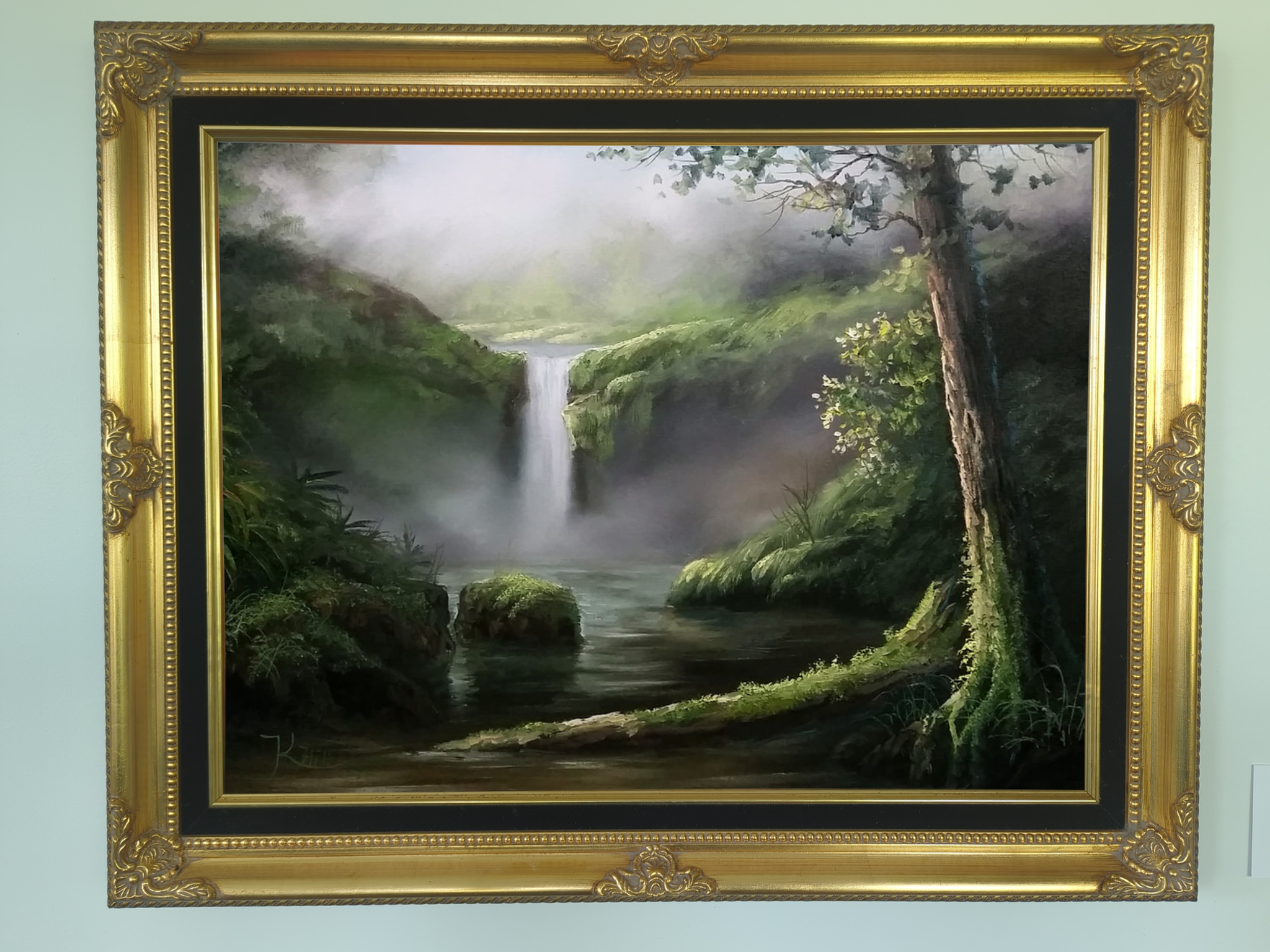 Waterfall landscape with mossy cliffs and trees | paintwithkevin.com