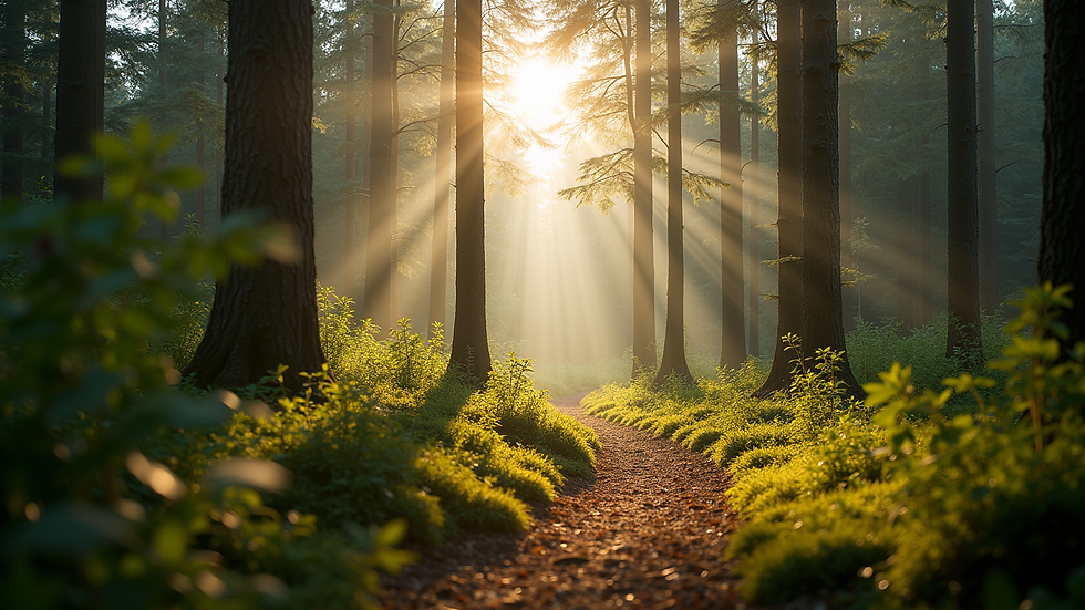 Eye-level view of a serene forest landscape with sunlight filtering through the trees