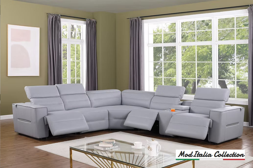 Genuine 132" Italian Leather Power Recliner Sectional - Gray/Lt. Blue