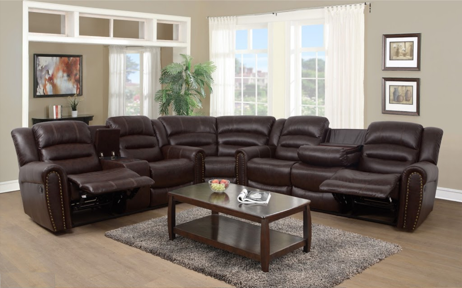 Ernest Brown Leather Recliner Sectional Set