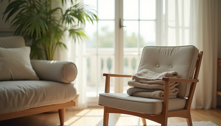 Eye-level view of a calm living room with folded laundry on a chair