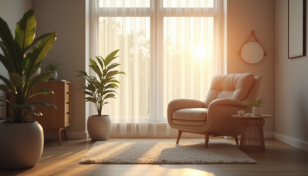 Wide angle view of a peaceful home therapy space with soft lighting