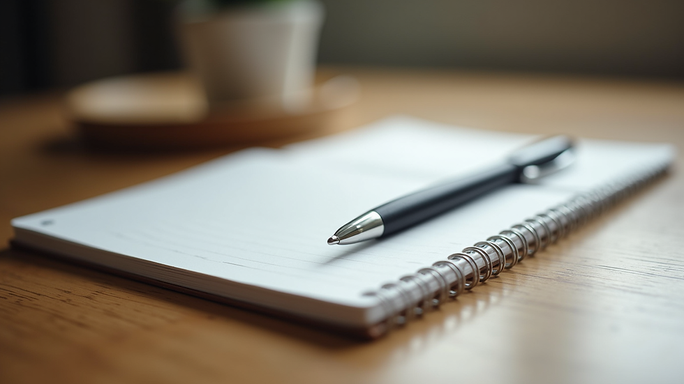 Close-up view of a journal and pen on a wooden table, symbolizing self-reflection and growth