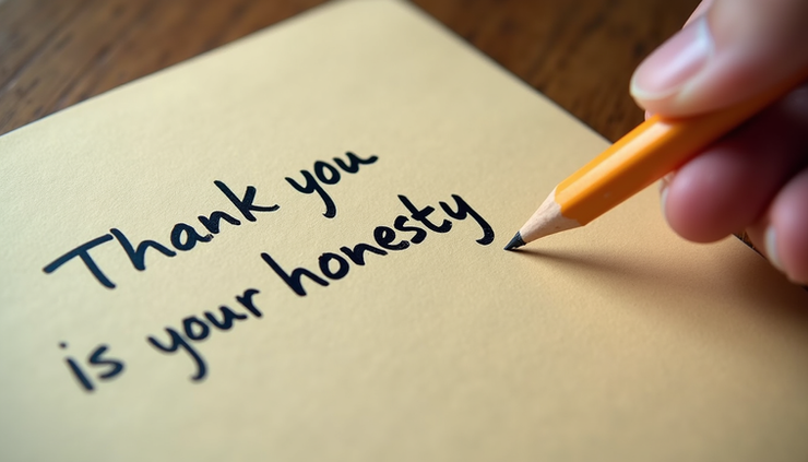 Close-up view of a handwritten note with the words "Thank you for your honesty"