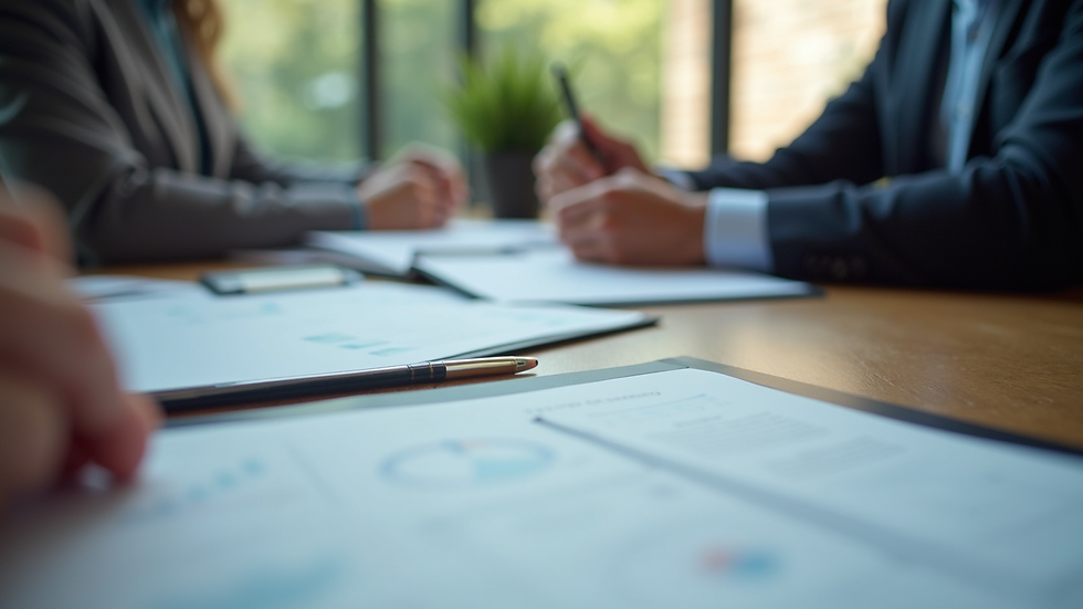 Close-up view of a business meeting discussing exit strategy documents