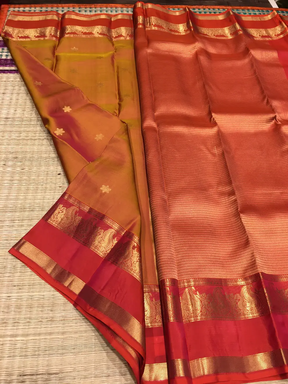 Pure Kanchipuram Silk Mustard Yellow and Orange Gap Border - SS1015