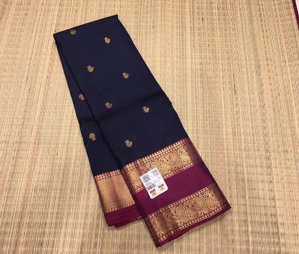 Thumbnail: Pure Kanchipuram Silk Saree Navy Blue and Magenta Rettapett Border - SS1017