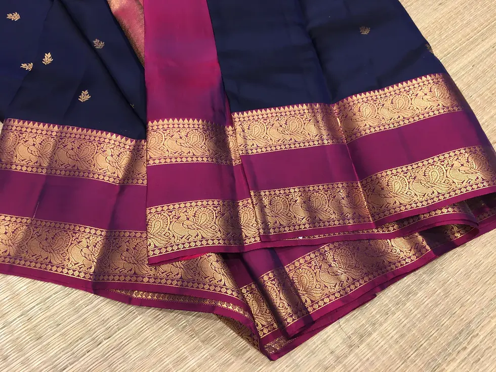 Thumbnail: Pure Kanchipuram Silk Saree Navy Blue and Magenta Rettapett Border - SS1017