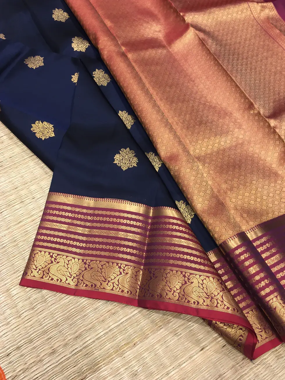 Thumbnail: Pure Kanchipuram Silk Saree Navy Blue and Red Traditional Border - SS1011