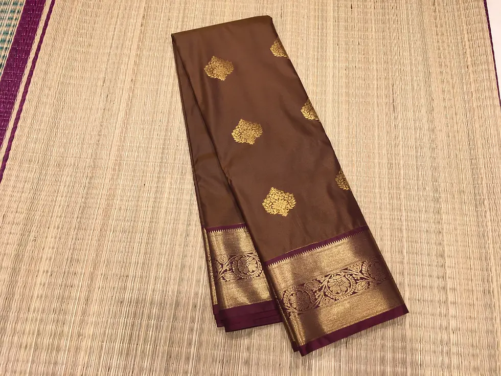 Thumbnail: Semi Kanchipuram Silk Saree Golden Brown and Maroon - SS1047