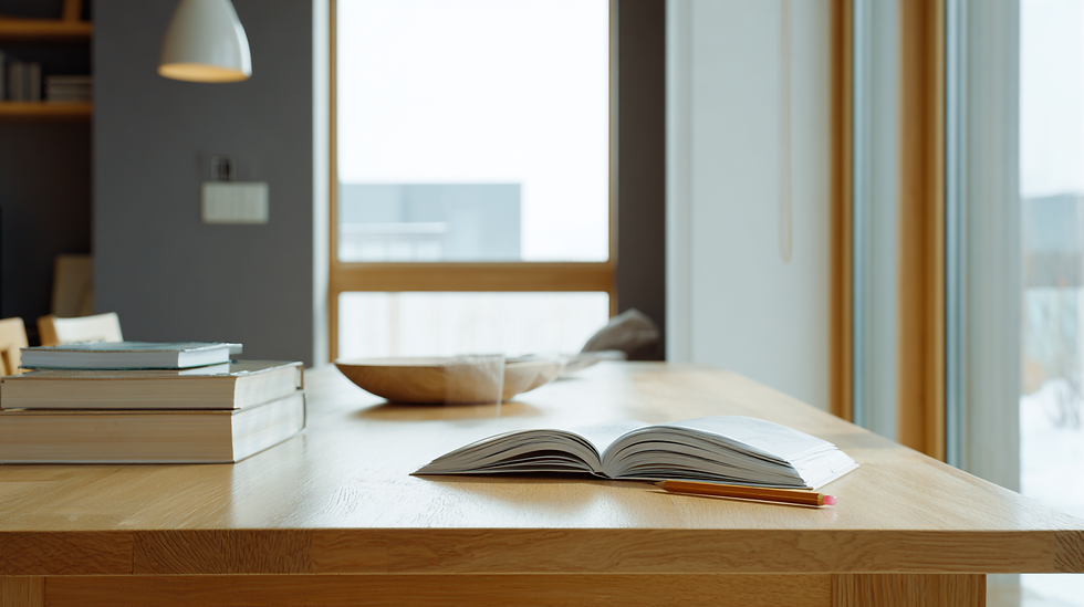 Mesa de madera con cuaderno abierto y luz natural, un espacio tranquilo para ordenar ideas antes de iniciar una reforma.
