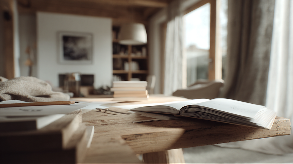 Mesa de madera con cuaderno abierto, papeles y lápiz en un interior sereno y luminoso, un espacio previo a la toma de decisiones que invita a ordenar ideas antes de una reforma.