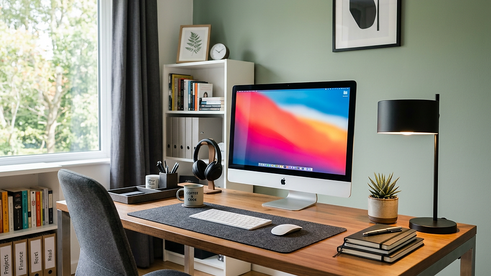 Eye-level view of a clean and organized modern office workspace