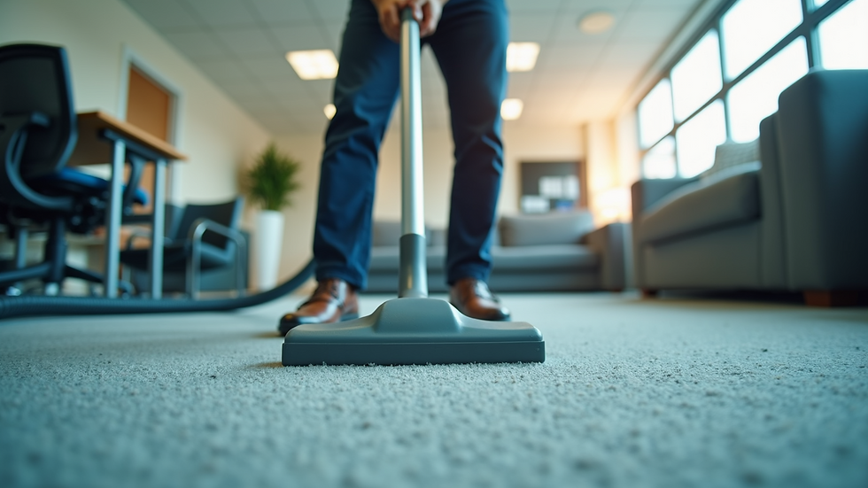 Close-up view of a professional cleaner vacuuming a carpet in a commercial office