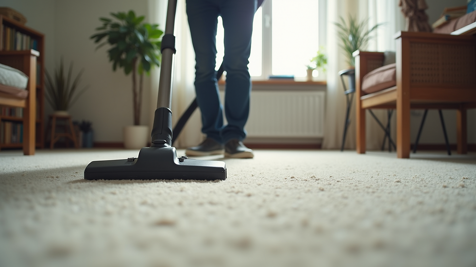 Close-up view of a professional cleaner vacuuming a carpet in a home office