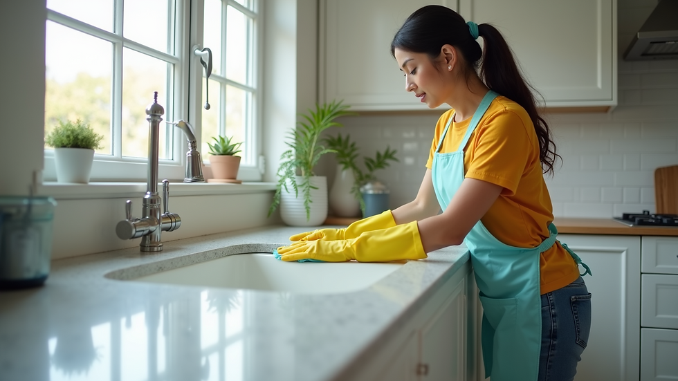 High angle view of a professional cleaner sanitizing a kitchen countertop