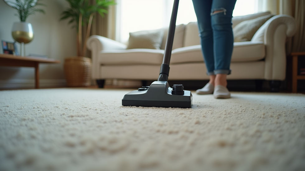 Eye-level view of a certified cleaner vacuuming a living room carpet