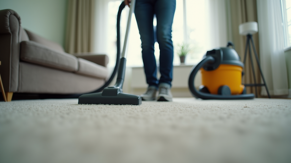 Close-up view of a professional cleaner vacuuming a carpet in an apartment