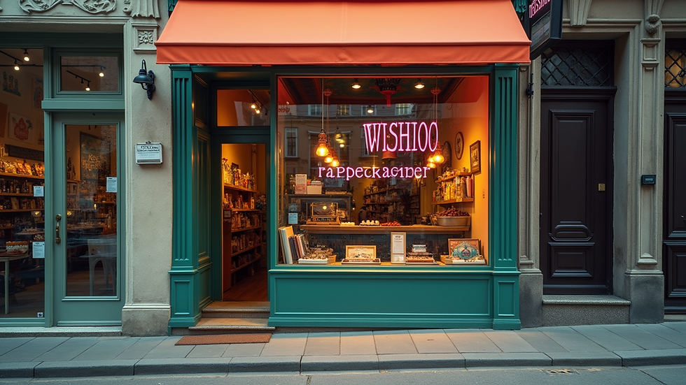 Eye-level view of a vibrant storefront with unique signage