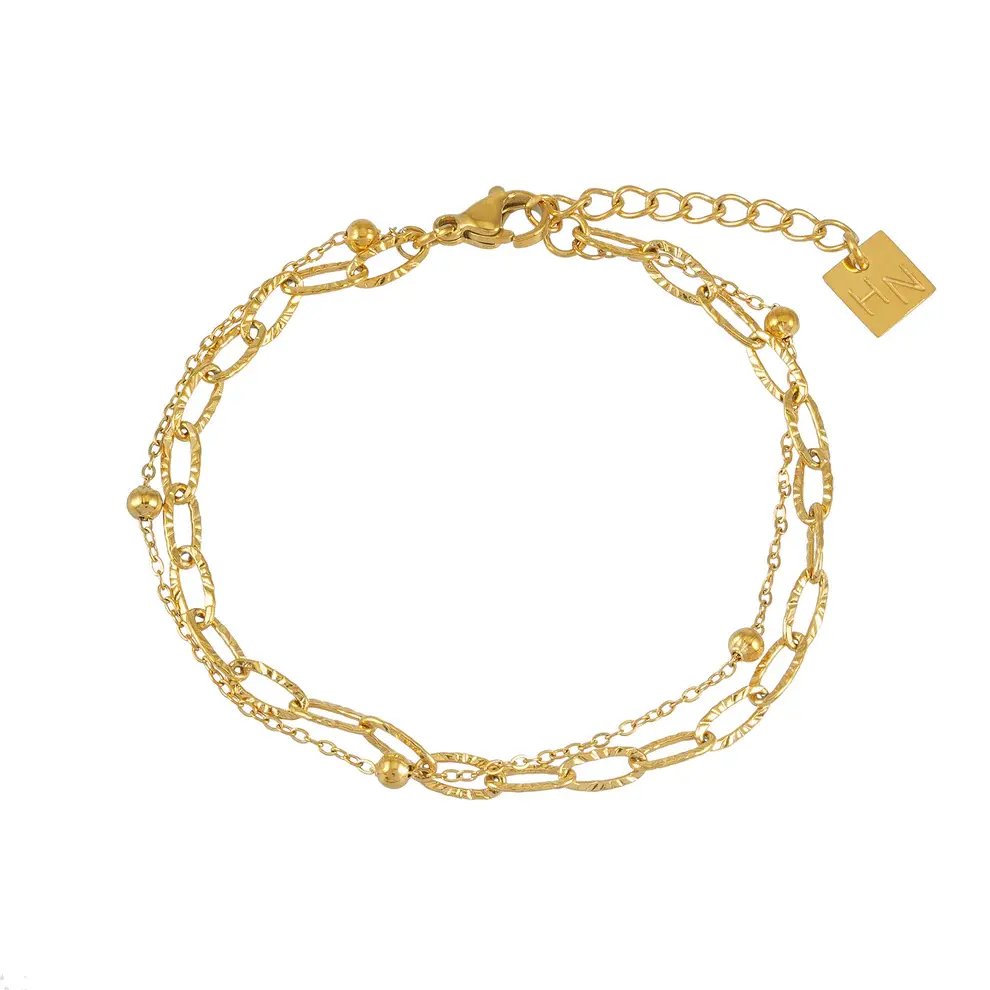 Hackney Nine Gold Bracelet: Double Stacked Paper Clip Chain & Beaded Chain