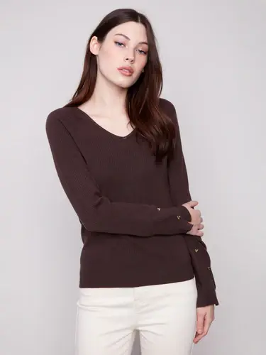 Charlie B - Ribbed V-Neck Sweater With Heart Rivets - Mocha