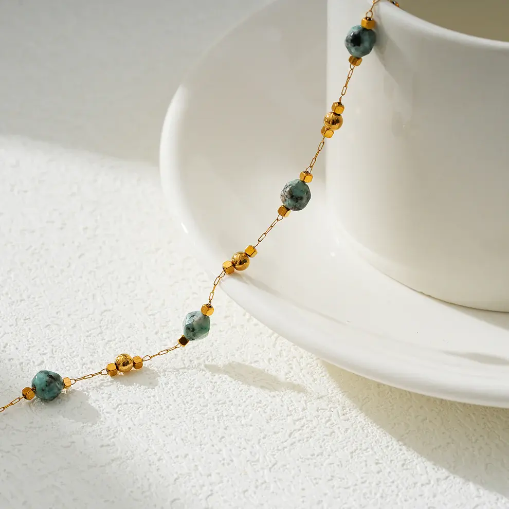 Hackney Nine Link-Chain, Gold Beads & African Turquoise Natural Stones Bracelet