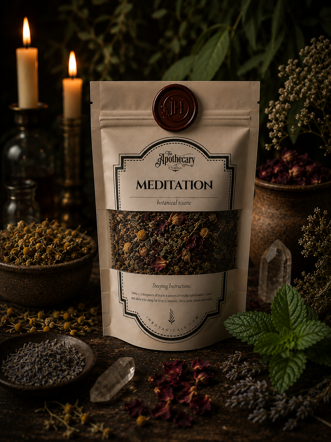 Pouch of Meditation herb blend surrounded by candles and dried botanicals