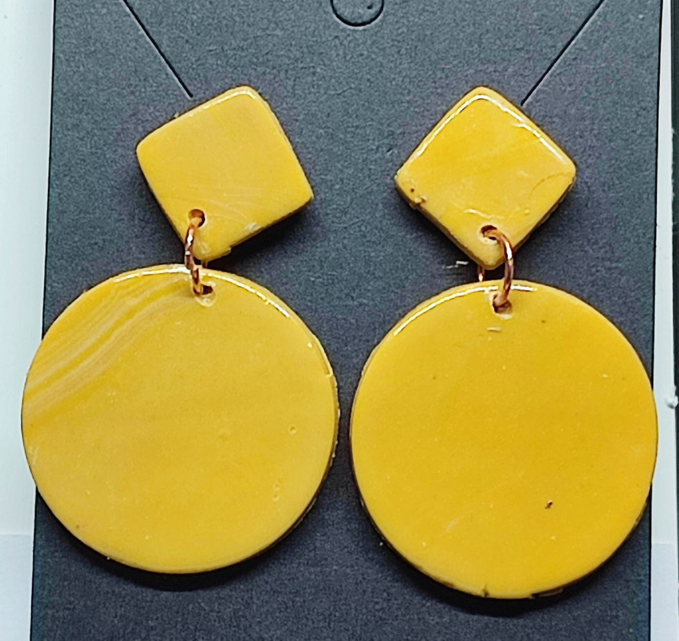 Boucles d'oreilles jaunes avec forme de carrés et cercles contre fond noir.