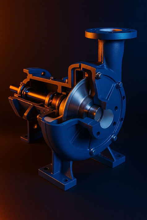 Cutaway of dynamic pumps impeller and shaft inside blue centrifugal housing, highlighting volute, bearings, and mounting feet.