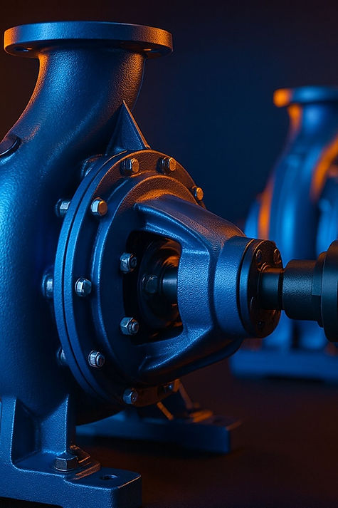 Dynamic pumps close-up of blue centrifugal unit on base, showing flanged inlet, bolted casing, and motor coupling under blue–orange light.