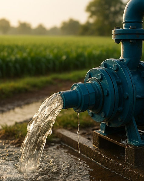 Rotary pumps in operation on farmland, discharging water for irrigation against a green agricultural field background.
