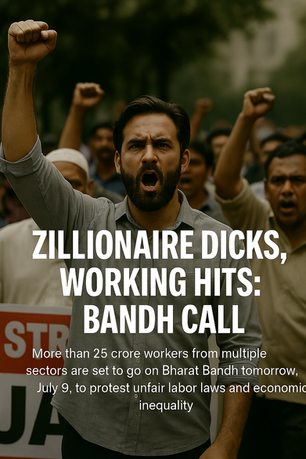 Crowds of workers and union leaders holding protest signs during Bharat Bandh on July 9, 2025; banners highlight opposition to labour reforms, with public transport halted and banks shuttered in the background