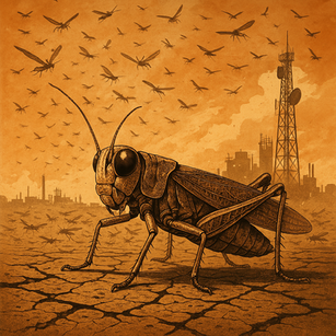 A surreal swarm of desert locusts forming a vortex over scorched farmland, with chemical symbols for 4VA and 4NP glowing in the sky — representing the intersection of climate chaos, pheromone science, and ecological fragility.