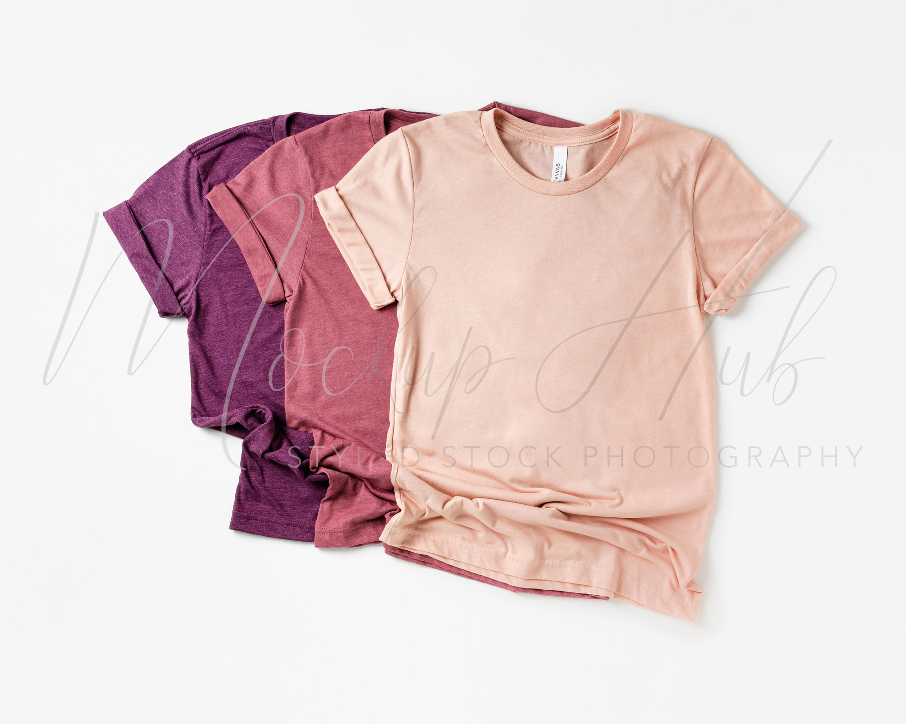 Bella Canvas 3001CVC Heather Maroon, Mauve, and Peach T-Shirt Mockup